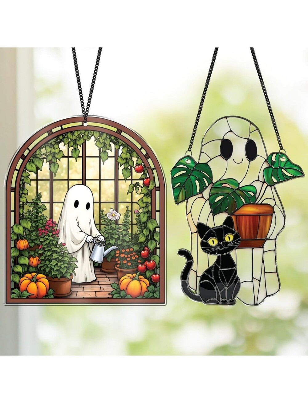 Stained Glass Style Ghost & Black Cat Hanging Wall Decor - White & Black